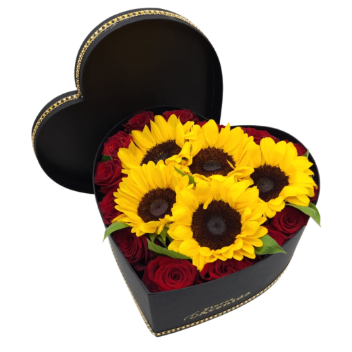 Caja corazon flores girasoles y rosas XL